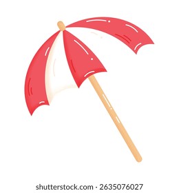 Summer beach umbrella in white and red colours isolated on transparent background with watercolour texture.  Summer beach accessory. Umbrella icon.  Cartoon flat style. Design element for web. Vector