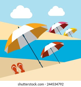 Summer beach with umbrellas. Flat design.