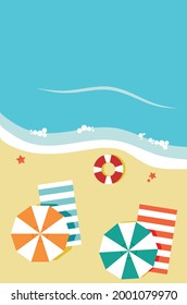 Summer beach with umbrellas, towels and a life buoy