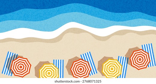 Summer beach, beach umbrellas and towels on the sand, view from above. A place for travel, rest, and relaxation, a hotel on the seashore.