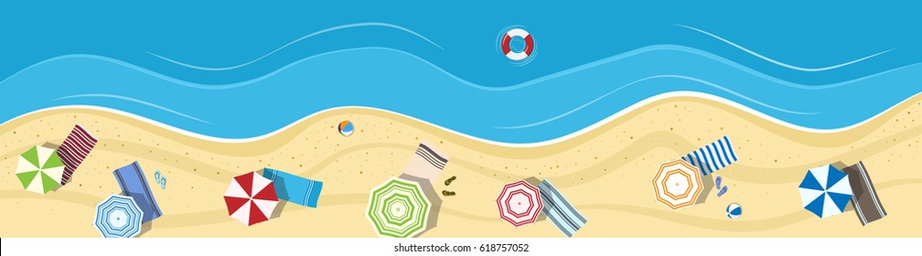 Summer beach with umbrellas and towels. Panoramic background (banner). Top view. 