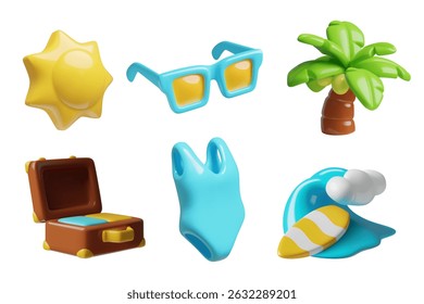 Summer beach vacation 3d vector icons set including a sun, sunglasses, wave surfing, palm tree, retro suitcase and blue swimsuit. 