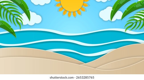 Summer beach vacation background illustration. Paper cut poster, palm leaves, sand and ocean waves. Travel concept banner. Tropical beach resort. Sea weekend sale flyer