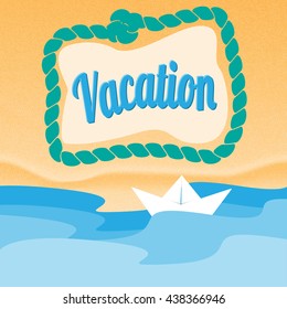 Summer beach. Vacation background. Paper boat. Rope frame.