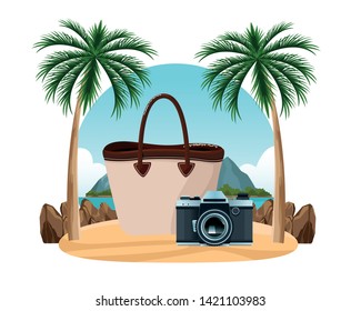 summer beach and vacation with beach bag and photographic camera icon cartoon over sand with palm background vector illustration graphic design