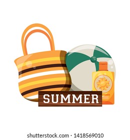 summer beach and vacation with beach bag, sunscreen icon cartoons vector illustration graphic design