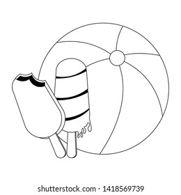 summer beach and vacation with beach balloon, ice lolly icon cartoons in black and white vector illustration graphic design