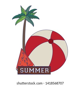 summer beach and vacation with beach balloon, palms, watermelon icon cartoons vector illustration graphic design