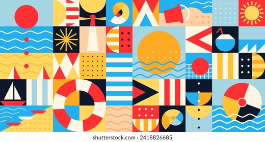 Summer beach vacation Bauhaus modern abstract geometric pattern, vector background. Sun and sea, yacht boat and seashell with buoy and ocean waves with lighthouse in Bauhaus pattern in minimal shapes