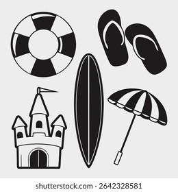 Verão praia férias preto e branco vetor ilustração com prancha e castelo