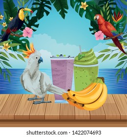 summer beach and vacation with cockatoo, tropical fruit and smoothie drink icon cartoon over the wooden floor with seascape vector illustration graphic design