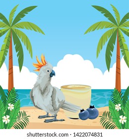 summer beach and vacation with cockatoo, tropical fruit and smoothie drink icon cartoon over the beach with seascape vector illustration graphic design