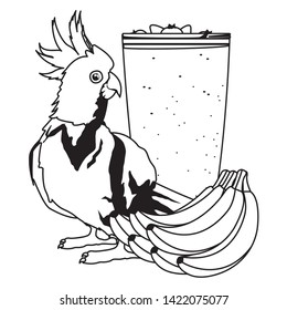 summer beach and vacation with cockatoo, tropical fruit and smoothie drink icon cartoon in black and white vector illustration graphic design