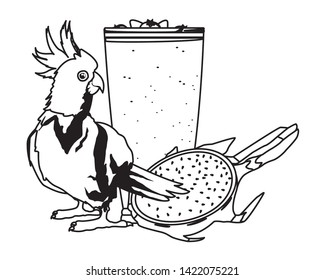 summer beach and vacation with cockatoo, tropical fruit and smoothie drink icon cartoon in black and white vector illustration graphic design