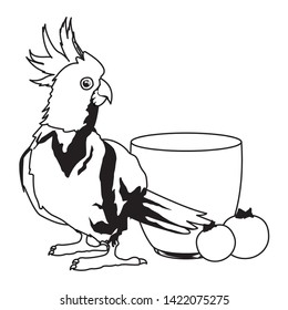 summer beach and vacation with cockatoo, tropical fruit and smoothie drink icon cartoon in black and white vector illustration graphic design