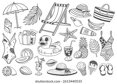 Summer beach vacation collection with swimsuits, sun hats, beach bag, shells and tropical elements. Icons for cards, stickers, summer sale banner.