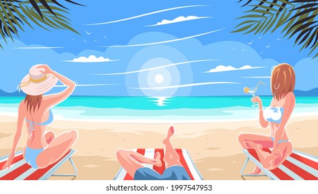 Summer beach vacation concept. A man with women in a swimsuit lights up sitting on a sun lounger on a sea or ocean beach. Beautiful girls relax under the palm tree. Beach with palm trees. - Shutterstock ID 1997547953