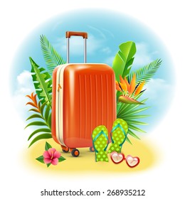 Summer beach vacation design with travel suitcase slippers and glasses vector illustration