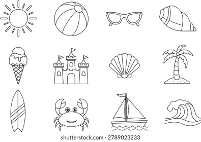 Summer beach vacation doodle icon collection with sun sea travel elements