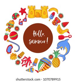 Summer beach vacation doodle icons toys round frame border vector