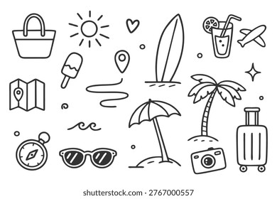 Summer Beach Vacation Doodle Icons Set