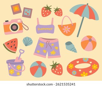 Summer beach vacation elements. Cute flat set with swimsuit, camera, watermelon, shorts, strawberry, toys, umbrella, ball, float, seashells. Fun colorful holiday design for travel and kids.