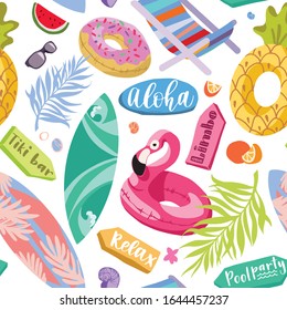 Summer beach vacation elements seamless pattern. Flamingo, pineapple and donat lifebuoys, swimwears, slippers, beach bags, tropical decoration, palm leaves and cocktails. Vector illustration.