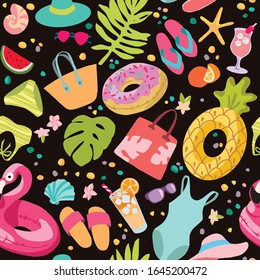 Summer beach vacation elements seamless pattern. Flamingo, pineapple and donat lifebuoys, swimwears, slippers, beach bags, tropical decoration, palm leaves and cocktails. Vector illustration.