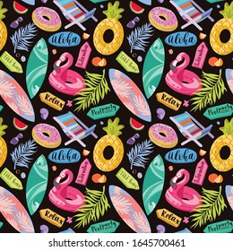 Summer beach vacation elements seamless pattern. Flamingo, pineapple and donat lifebuoys, swimwears, slippers, beach bags, tropical decoration, palm leaves and cocktails. Vector illustration on black 