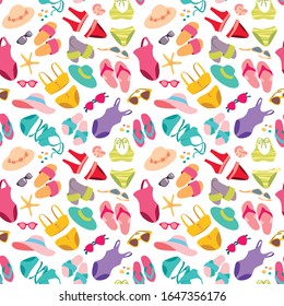 Summer beach vacation elements seamless pattern. Flamingo, pineapple and donat lifebuoys, swimwears, slippers, beach bags, tropical decoration, palm leaves and cocktails. Vector illustration on white 