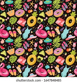 Summer beach vacation elements seamless pattern. Flamingo, pineapple and donat lifebuoys, swimwears, slippers, beach bags, tropical decoration, palm leaves and cocktails. Vector illustration.