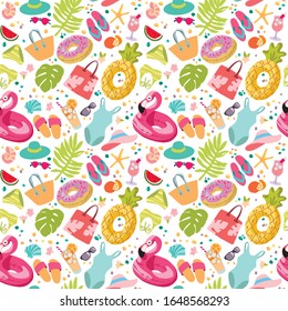 Summer beach vacation elements seamless pattern. Flamingo, pineapple and donat lifebuoys, swimwears, slippers, beach bags, tropical decoration, palm leaves and cocktails. Vector illustration on white 