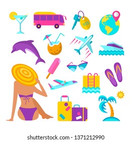 Summer beach vacation elements set. Woman in bikini and hat sunbathing. Cruise liner, flip flops, hotel room key, tourist bus and other vector illustration. Tropical relaxation at seascape accessories