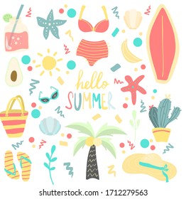 Summer and beach vacation elements set, colorful flat vector illustration isolated on white background