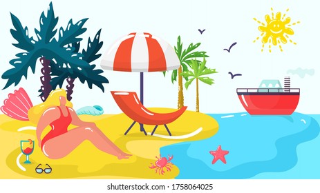 Summer beach vacation at flat sea, vector illustration. Tropical tourism near water background, cartoon girl in bikini. Holiday at ocean nature, beautiful people travel to palm and sun design.