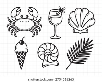 Summer beach vacation hand drawn outline icons set on white.
