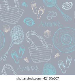 Summer beach vacation hand drawn elements:  badminton, shuttlecock, bag, sunglasses, sea shell and hat. Linen vector illustration, vector seamless pattern.