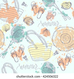 Summer beach vacation hand drawn elements:  badminton, shuttlecock, bag, sunglasses, sea shell and hat. Linen vector illustration, vector seamless pattern.