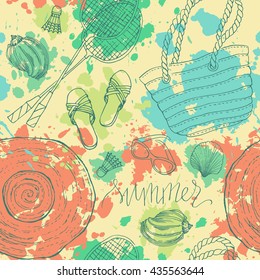 Summer beach vacation hand drawn elements:  badminton, shuttlecock, bag, sunglasses, sea shell and hat. Linen vector illustration, vector seamless pattern.