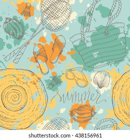 Summer beach vacation hand drawn elements:  badminton, shuttlecock, bag, sunglasses, sea shell and hat. Linen vector illustration, vector seamless pattern.