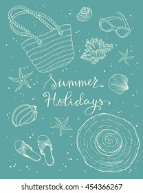 Summer beach vacation hand drawn elements: sea shells, bag, sunglasses, flip-flops and hat. Linen vector illustration.