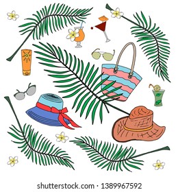 summer beach vacation summer hats sunbathes cocktails summer bag Sunglasses exotic plants palm leaves on a white background for summer design