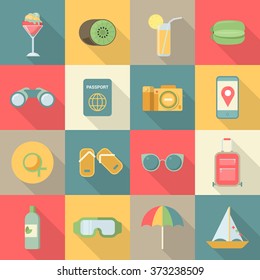 Summer beach vacation holiday flat style web site vector icon set. Ice cream kiwi lemonade passport photo camera mobile navigation slippers hat sunglasses suitcase umbrella yacht diving mask binocular