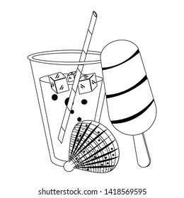 summer beach and vacation with ice lolly, tropical cocktail, shell icon cartoons in black and white vector illustration graphic design