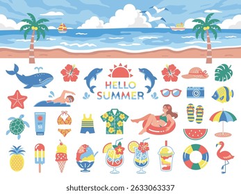 Summer Beach and Vacation Icon Set. Flat Cute Style 