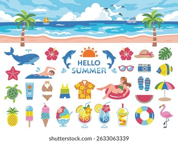 Summer Beach and Vacation Icon Set. Flat Cute Style 