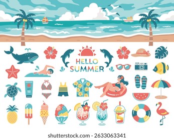 Summer Beach and Vacation Icon Set. Flat Cute Style 