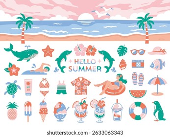 Summer Beach and Vacation Icon Set. Flat Cute Style 