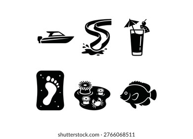 Summer beach vacation icon set with boat water slide and cocktail - Tropical seaside activities black and white silhouette collection