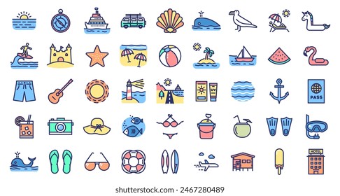 Playa de verano y conjunto de iconos de vacaciones. Viajes, objetos de vacaciones de temporada, paisajes, surf, actividades Elementos gráficos. 